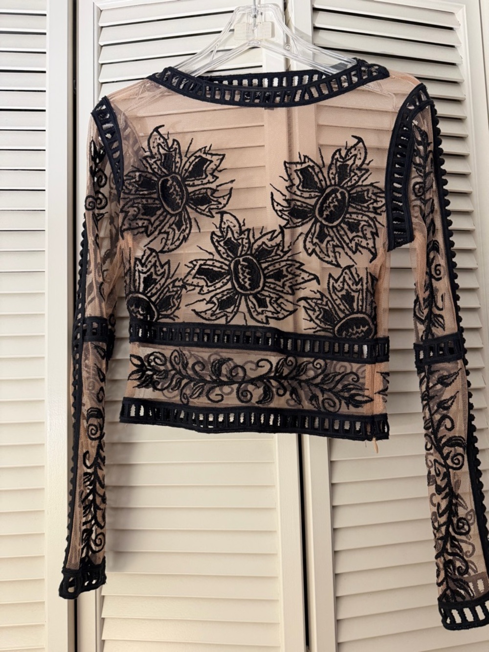 For Love & Lemons Black Embroidered Sheer Long-Sleeve Top on Nude